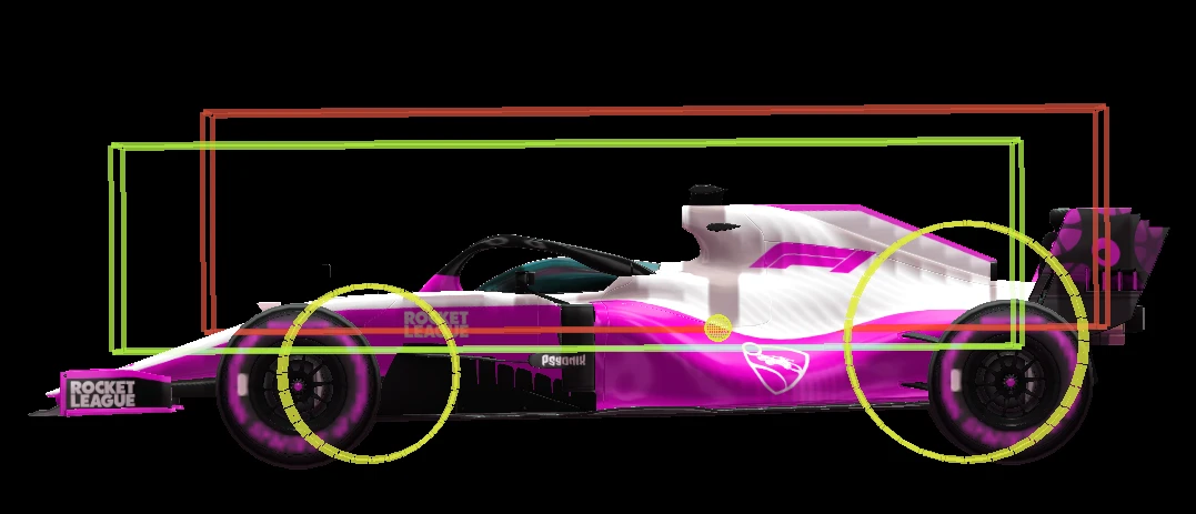 Formula 1 car with the two afforementioned hitboxes displayed. The new hitbox sits lower and is shifted much more forward compared to the previous. It lines up better with the front wing of the F1 cars.